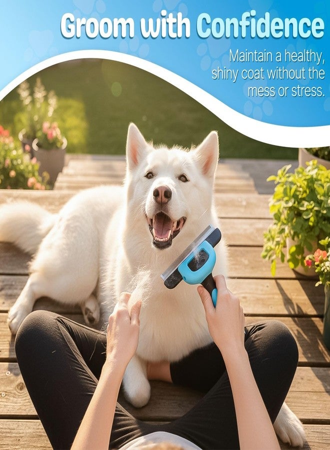 Flexzion Deshedding Dog Brush for Short Haired Dogs & Cats - Stainless Steel Dog Brush for Shedding Short Hair Pets Small, Medium, & Large - Professional Pet Grooming Comb Tool w/Safety Blade, Blue - Image 2